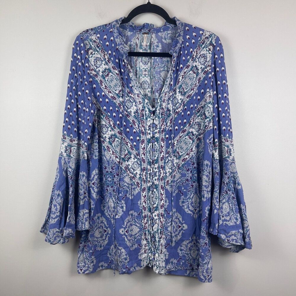 Free People Top Women Small Blue Boho Magic Mystery Bell Sleeve Tunic Peasant - Picture 2 of 11